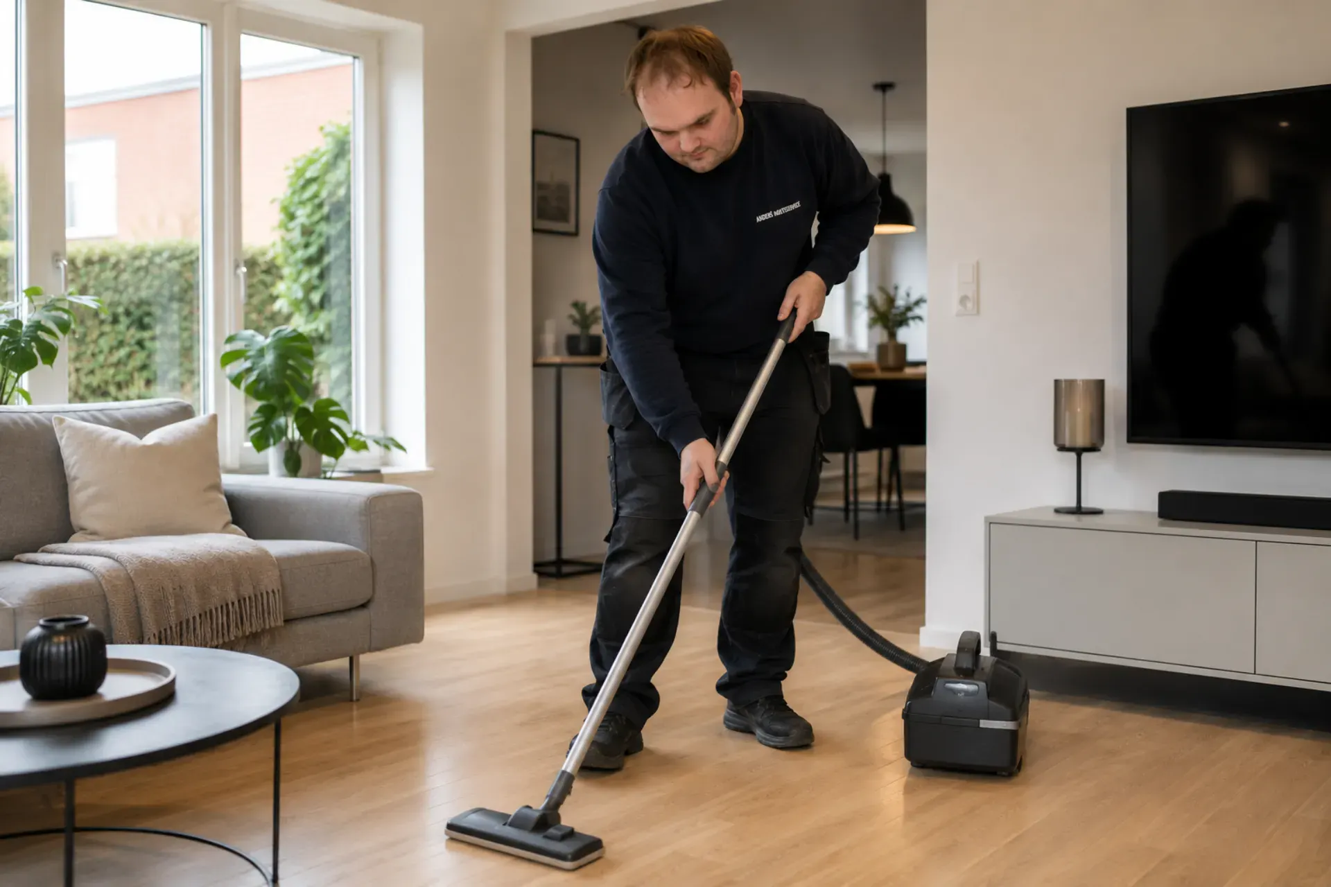 Mand, der støvsuger gulvet i stue med moderne indretning.