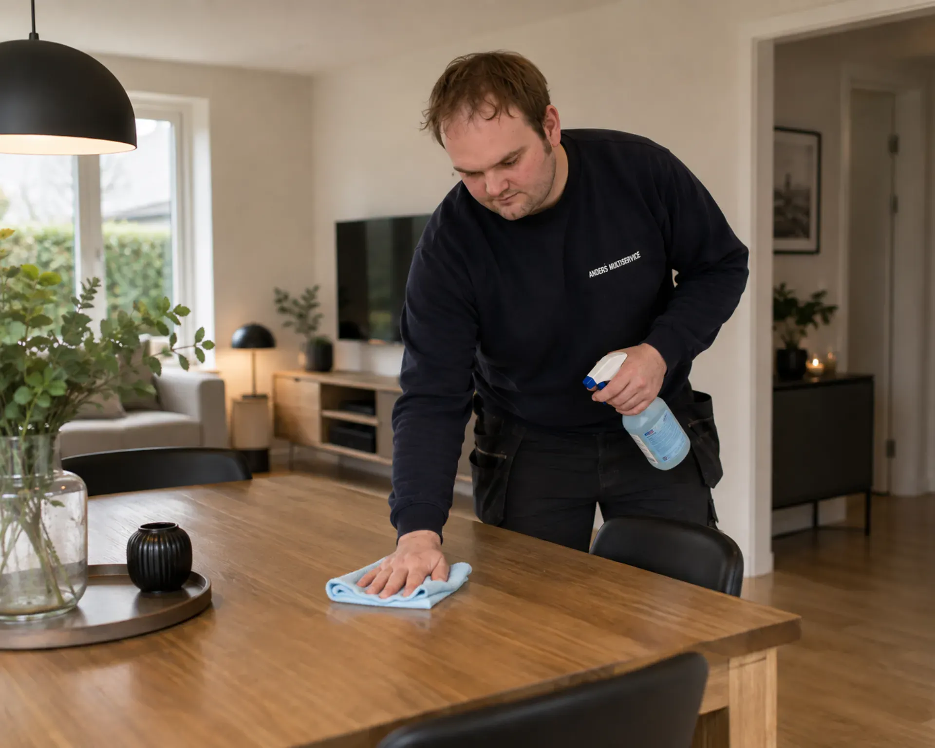 Mand rengør et træbord med sprayflaske og klud i stue.